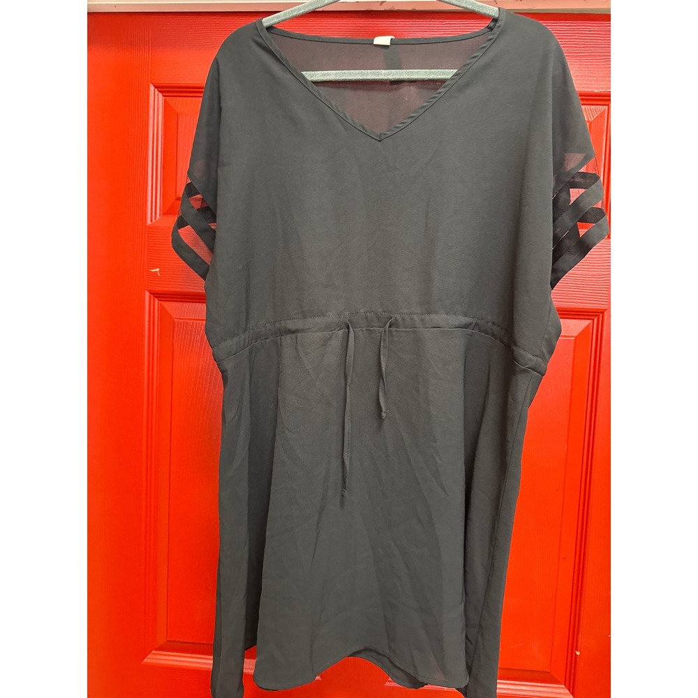 B Black V-Neck Tunic Top XL Caged Mesh Sleeve Drawstring Waist Blouse Cover Up